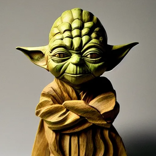 Image similar to wooden sculpture of yoda on a motorcycle, polished maple, thoughtful, elegant, real