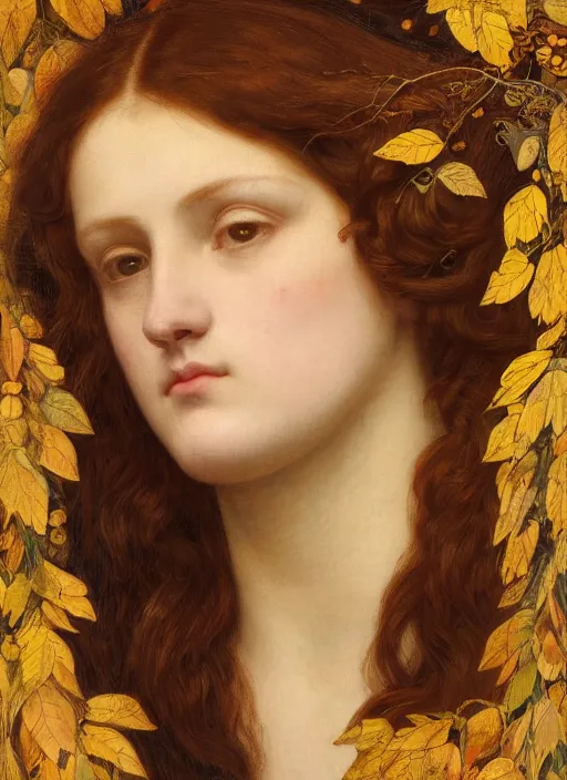 Image similar to masterpiece beautiful seductive flowing curves preraphaelite face portrait amongst leaves, extreme close up shot, straight bangs, thick set features, yellow ochre ornate medieval dress, magpie, amongst foliage mushroom forest circle arch framing, kilian eng and frederic leighton and rosetti, 4 k