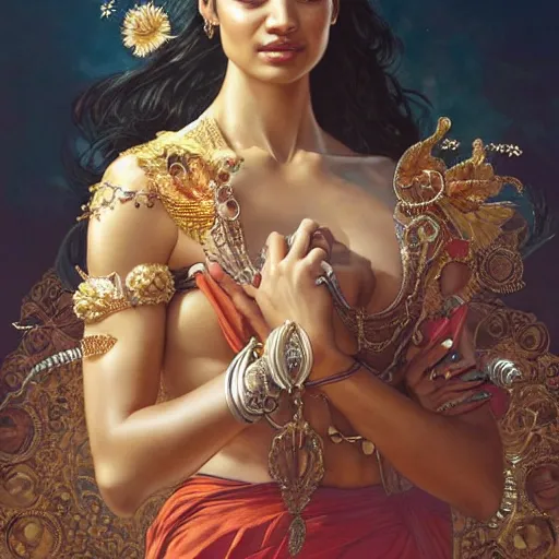 Image similar to Shanina Shaik as a greek goddess, intricate, elegant, highly detailed, digital painting, artstation, concept art, smooth, sharp focus, illustration, art by artgerm and greg rutkowski and alphonse mucha