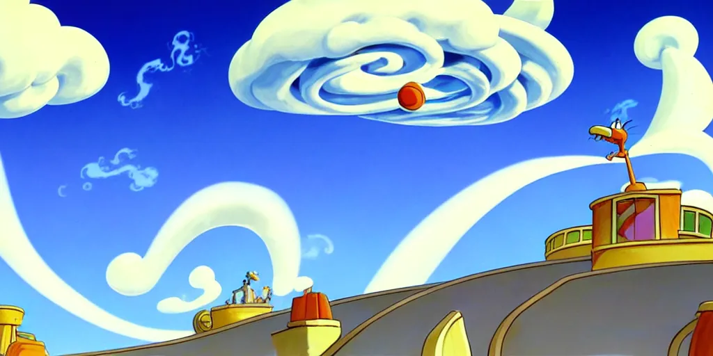 Prompt: cartoon concept art, clean blue sky, spiral clouds, from sam and max, from the hortons