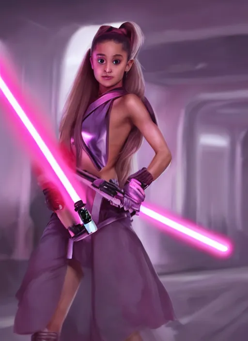 Prompt: Still action photo of Ariana Grande in the Star Wars universe holding two pink lightsabers in each hand. Maximum detail on artstation, photo realism, vivd details, vivd colour, volumetric lighting