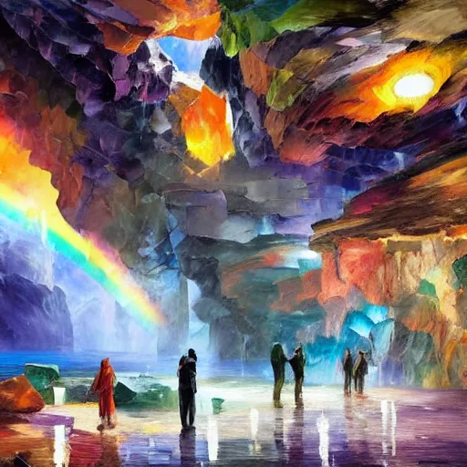 Image similar to A huge cave full of rainbow color crystals and gems on the ground, and stuck to the walls made of huge grey boulders, very dark, midnight, oil painting by Afremov and Greg Rutkowski.