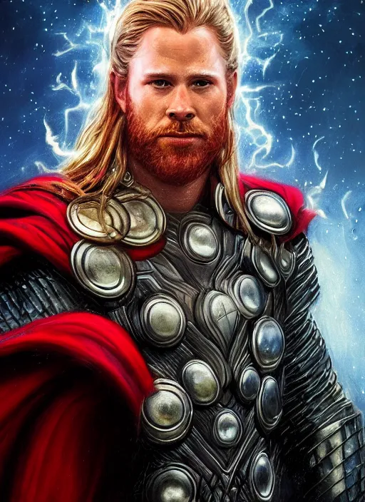 Image similar to detailed portrait of Thor wearing a cloak over his head, eyes on fire with celestial flames, a halo of shimmering color around him, future earth in the background, by Jason Jenicke and Jeremy Mann, intricate, beautiful, stylized, detailed, realistic, loose brush strokes, dramatic, enduring, captivating, Artstation