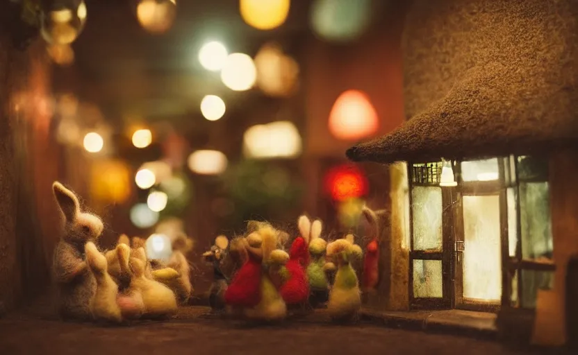 Image similar to miniature cafe diorama macro photography, cafe with felted bunnies, alleyway, ambient, atmospheric, british, cozy, bokeh, romantic, colorful lanterns