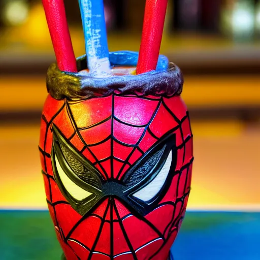 Image similar to a closeup photorealistic photograph of a spider man style tiki mug sitting at a trader vic's bar featuring the face of spider man. tiki theme. bright scene. fine detail. this 4 k hd image is trending on artstation, featured on behance, well - rendered, extra crisp, features intricate detail, epic composition and the style of unreal engine.