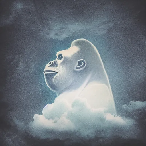 Prompt: the ghost of Harambe peering through the clouds, mystical vision, spiritual awakening, blessed and based,