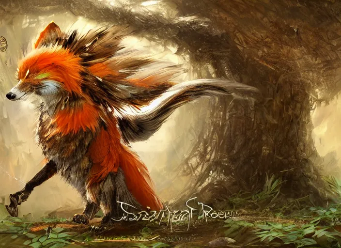 Image similar to ashigaru steampunk - inspired feathered fox, colorful plumage, lacquered armor, cute but determined, hard focus, art station, by jessica rossier and brian froud, cinematic fantasy painting, orange grey white, in a woodland glade