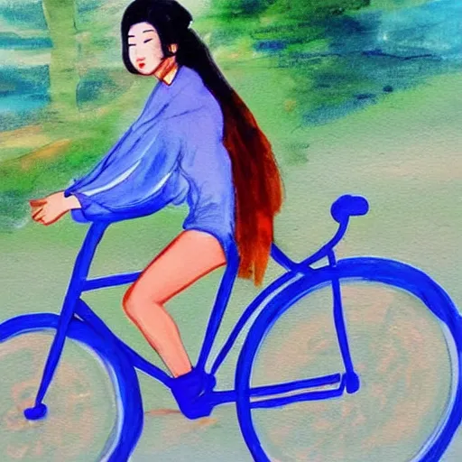 Image similar to a beautiful painting of a beautiful Asian girl riding a blue bycicle