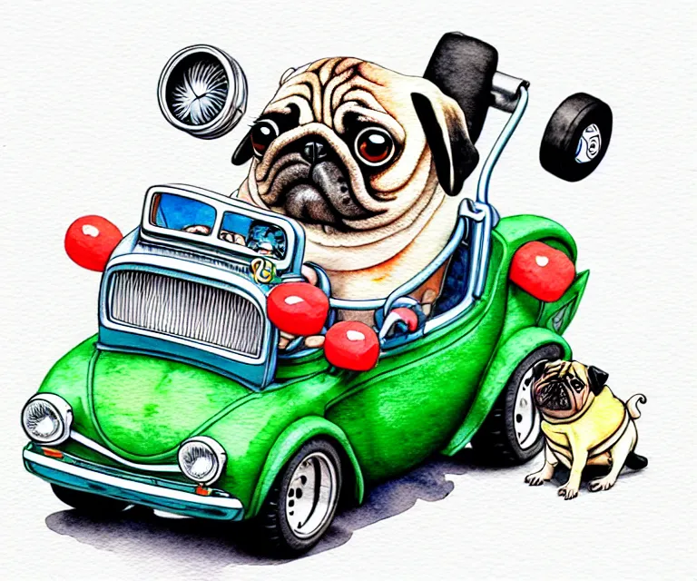 Prompt: cute and funny, pug riding in a tiny hot rod with oversized engine, ratfink style by ed roth, centered award winning watercolor pen illustration, isometric illustration by chihiro iwasaki, edited by range murata, tiny details by watercolor girl, symmetrically isometrically centered