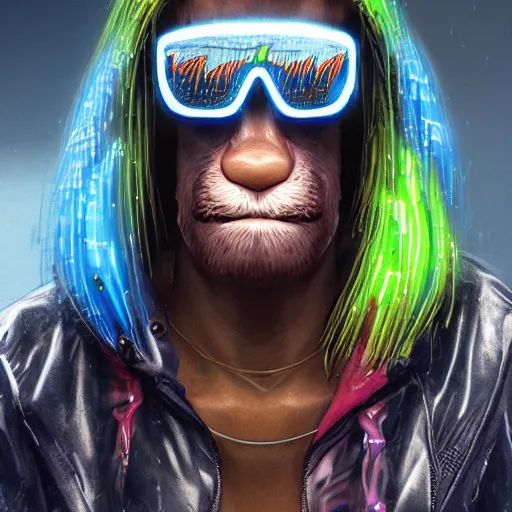 Image similar to augmented cyberpunk alf, cartoon portrait made out of rain, realistic, highly detailed, neon, rendered in octane, unreal engine, rain, beautiful, trending on artstation, emotional