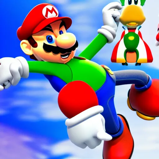 Image similar to a 3 d render of mario wearing a sonic suit