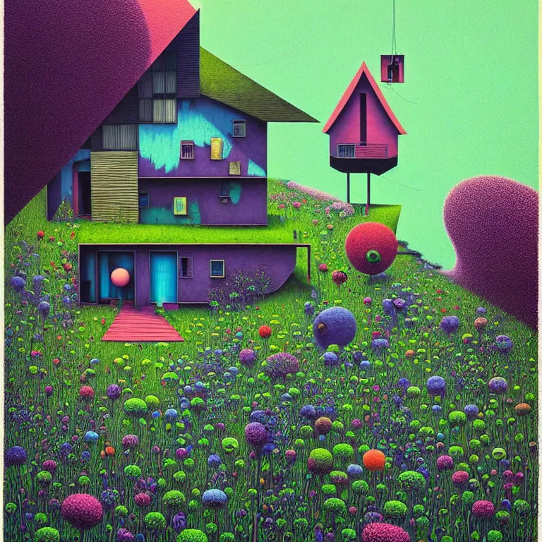 Prompt: surreal glimpse into other universe, house by som architect, summer morning, very coherent and colorful high contrast, art by!!!! gediminas pranckevicius!!!!, geof darrow, floralpunk screen printing woodblock, dark shadows, hard lighting, stipple brush technique,
