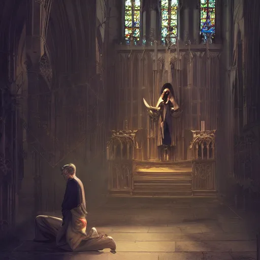 Image similar to angel protecting man who is praying inside a gothic church by Stanley Artgerm Lau, WLOP, Rossdraws, James Jean, Andrei Riabovitchev, Marc Simonetti, Yoshitaka Amano, ArtStation, CGSociety