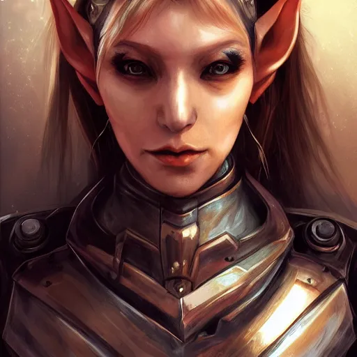 Image similar to portrait of a female elf orc by ayami kojima, she is about 2 0 years old, american pretty, copper hair, annoying but friendly, she is wearing a modern tactical gear, scifi, highly detailed portrait, digital painting, artstation, concept art, smooth, sharp foccus ilustration, artstation hq