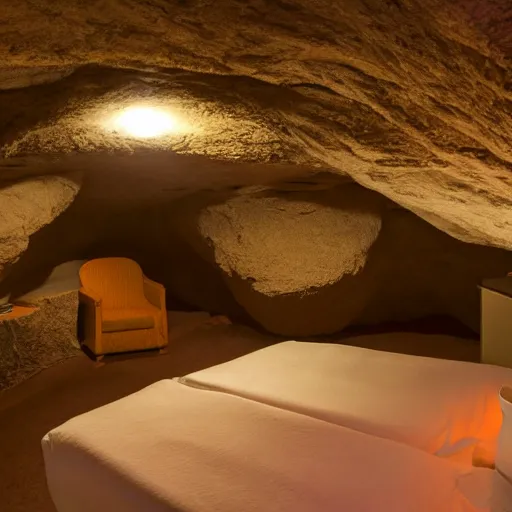 Prompt: hotel room in a neolithic cave