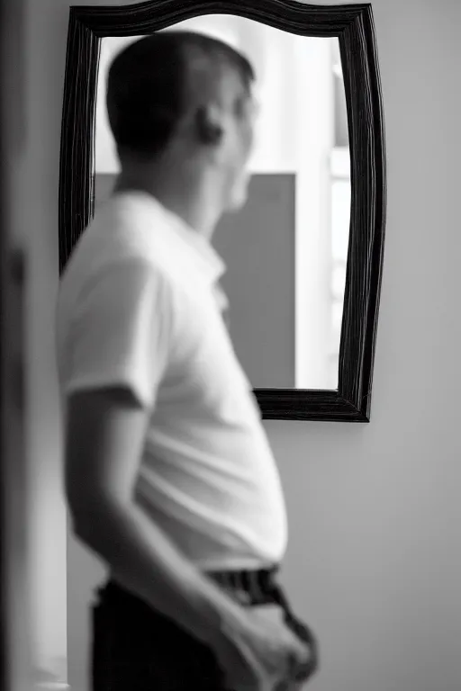 Image similar to man contemplating at his reflection in the mirror, portrait studio, taken with canon eos, f 1. 4, dramatic diffused light, iso 2 0 0,