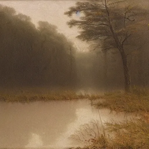 Prompt: timber trackway, dangerous swamp, foggy, hudson river school painting, naturalism