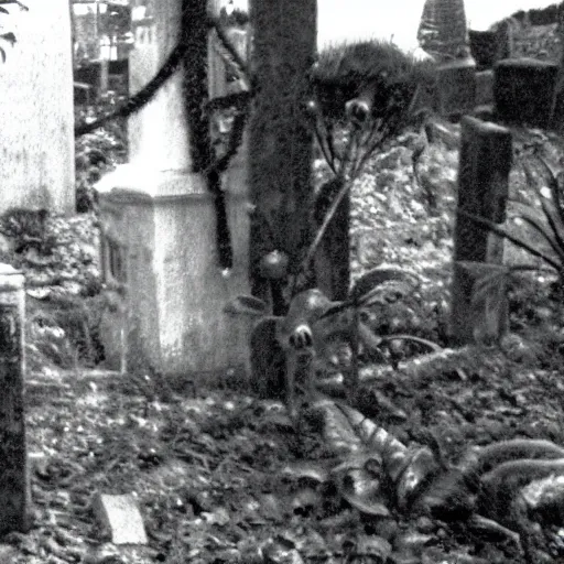 Prompt: cctv security cam grainy black and white footage of baron samedi in an overgrown graveyard. baron samedi is looking at the camera.