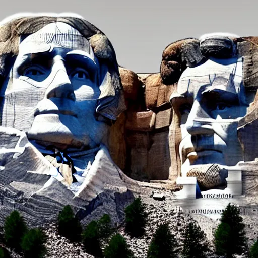 Image similar to a photo of mount rushmore after donald trump's face had been added. the photo clearly depicts the facial features of donald trump and his particular hair style carved into the stone at the mountain top, regal, pensive, powerful, just