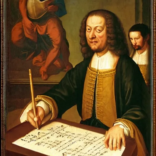 Prompt: a renaissance painting of bach, he is smiling at the camera and writing a piece of music on a sheet.