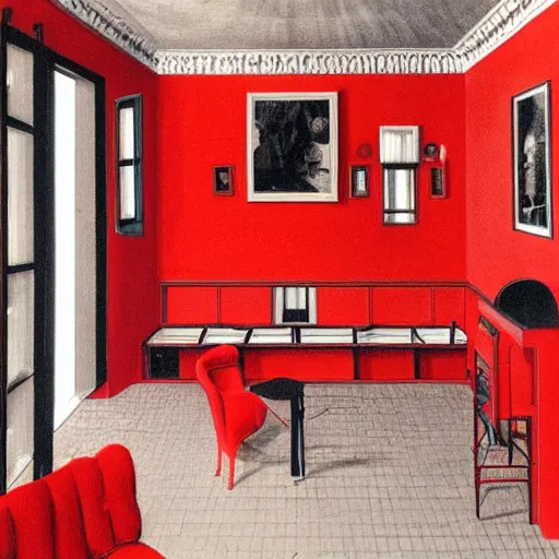 Prompt: maurits cornelis escher, red room height detailed