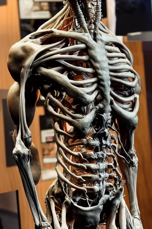 Prompt: photo taken of an epic intricate, ultra detailed, super realistic sculpture of a anatomical death sculpture on display, created by weta workshop, photorealistic, sharp focus, f 0. 4, face centred, golden ratio