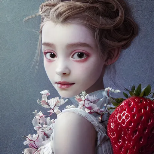 Image similar to the portrait of the absurdly beautiful, graceful, elegant, sophisticated, fashionable little girl made of strawberries and white petals looking down, an ultrafine hyperdetailed illustration by kim jung gi, irakli nadar, intricate linework, bright colors, octopath traveler, final fantasy, unreal engine 5 highly rendered, global illumination, radiant light, detailed and intricate environment