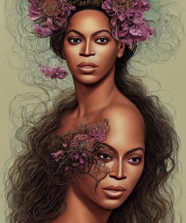 Prompt: facial portrait of Beyonce as a young pretty woman in flowing dress, arrogant, mysterious, long fine flowing hair, delicate, looking at camera, realistic face, intricate, stylish, elegant, grimdark, flowers, extremely detailed photograph by Martine Johanna and Ernst Haeckel and Greg Rutkowski