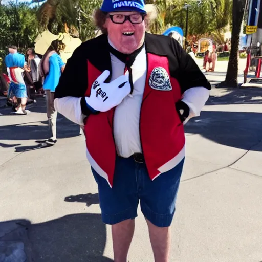 Image similar to Michael moore wearing a mickey mouse hat, tons of disney pins on his vest