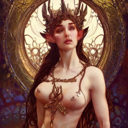 Prompt: a oil painting of a elven queen, cute, fantasy, intricate, elegant, highly detailed, centered, digital painting, artstation, concept art, smooth, sharp focus, illustration, art by artgerm and H R Giger and alphonse mucha