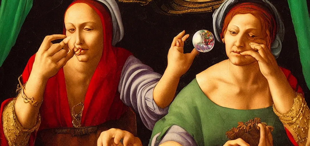 Prompt: a renaissance gypsy fortune teller gazing into a crystal ball in the style of Michelangelo, detailed face, accurate face