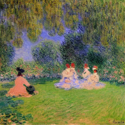 Image similar to a furry backyard party painting by claude monet, highly detailed painting