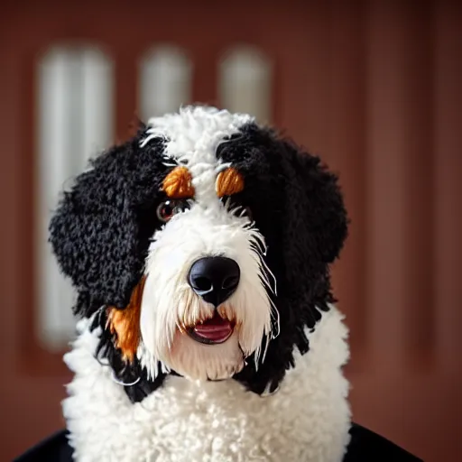 Image similar to a closeup photorealistic photograph of a cute smiling knitted bernedoodle judge dog dressed in a black gown, presiding over the courthouse. indoor image, professional capture, well lit shot. this 4 k hd image is trending on artstation, featured on behance, well - rendered, extra crisp, features intricate detail, epic composition and the style of unreal engine.