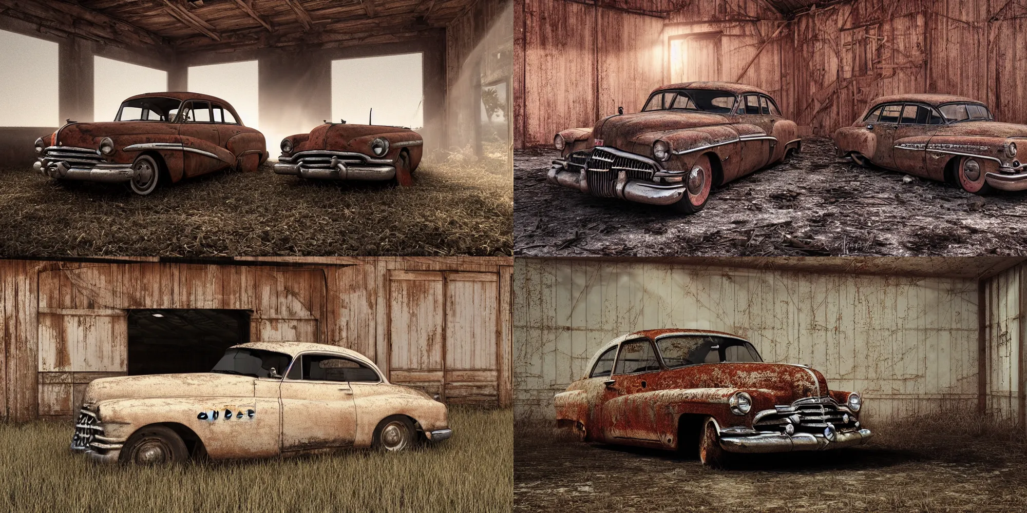 Prompt: Photograph of an abandoned rusty 1950's Buick in a barn, covered with cobwebs and dust, soft lighting, crepuscular rays, realistic octane render, 8k, ultra detailed, concept art