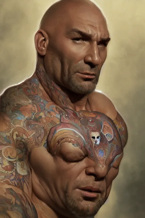 Image similar to dave bautista as frank reynolds, masterpiece, intricate, elegant, highly detailed, digital painting, artstation, concept art, smooth, sharp focus, illustration, art by artgerm and greg rutkowski and alphonse mucha and uang guangjian and gil elvgren and sachin teng, symmetry!!