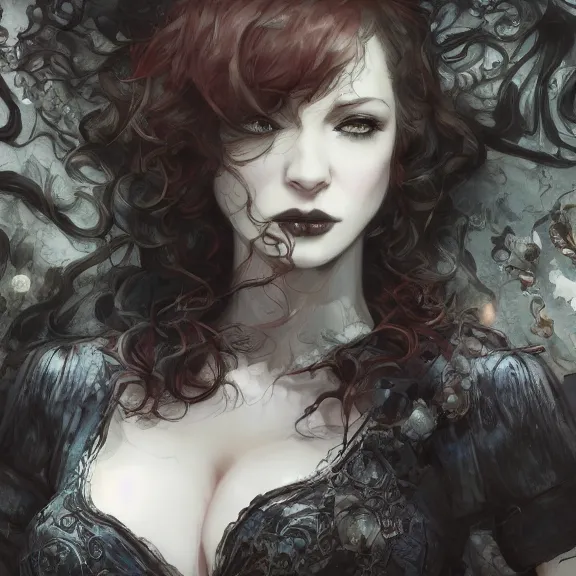 Image similar to christina hendricks!!!!! goth!!!!!, tankoban, 4 k, tone mapping, akihiko yoshida, james jean andrei riabovitchev marc simonetti, yoshitaka amano, long hair, curly, h. hydrochaeri