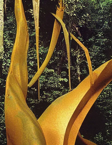 Image similar to vintage color photo of a giant 1 1 0 million years old abstract sculpture made of liquid gold covered by the jungle vines