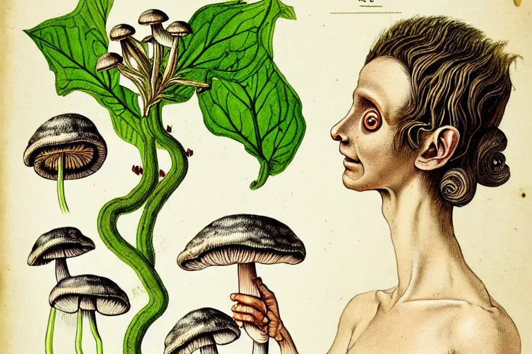 Image similar to a page from an old botany book of a woman with mushrooms sprouting all over her skin who looks distressed. in the style of franz kafka the metamorphosis. trending on artstation.