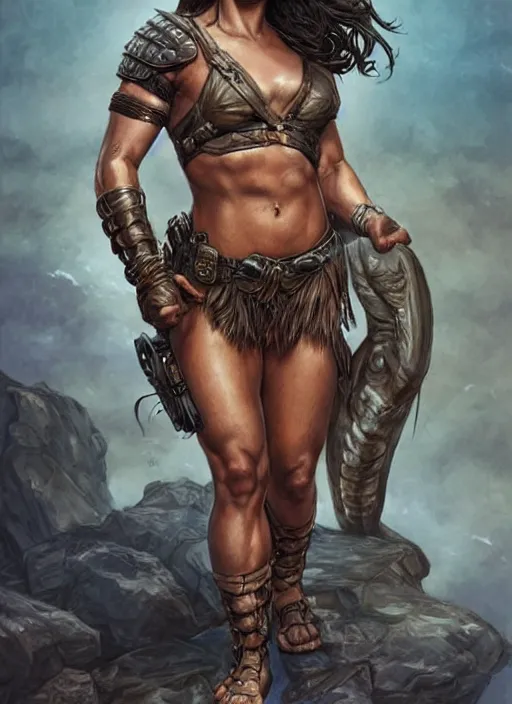 Image similar to exhausted Mila Kunis as a very muscled rugged looking Amazon, dirty, sweating, intricate, elegant, highly detailed, artstation, concept art, sharp focus, art by artgerm and donato giancola and Joseph Christian Leyendecker, WLOP