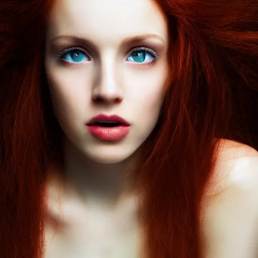 Image similar to beautiful female angel, red hair, green eyes, light brown skin, asymmetrical face, ethereal volumetric light, sharp focus