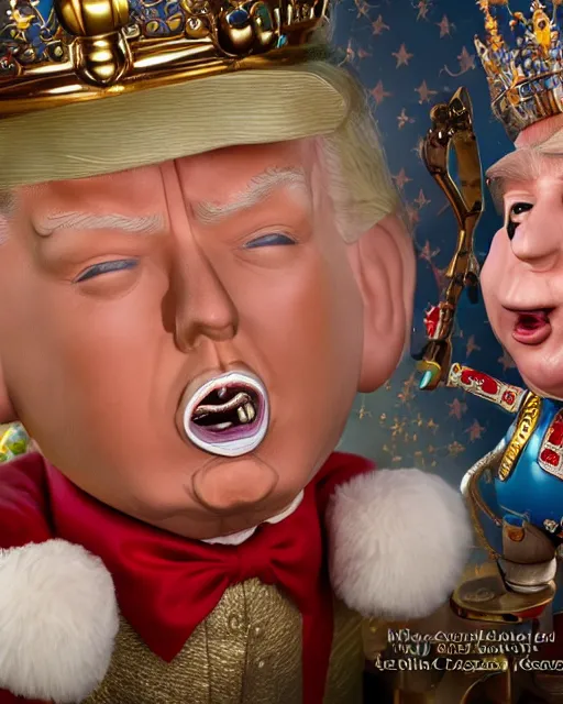 Image similar to highly detailed closeup, face profile portrait of a tin toy donald trump as a fairytale king hemry the eighth wearing a crown and eating cakes, depth of field, nicoletta ceccoli, mark ryden, lostfish, max fleischer, breathtaking, detailed and intricate environment, 8 k resolution, hyperrealistic, octane render