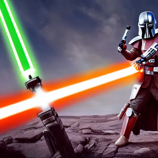 Prompt: jesus christ holding a lightsaber and fighting a mandalorian, 4 k, high resolution, still, landscape, hd, dslr, hyper realistic