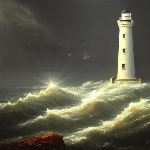 Image similar to painting of light house rocky coast stormy seas night time lighthouse illuminating the dark volumetric lighting in the style of thomas cole course of empires