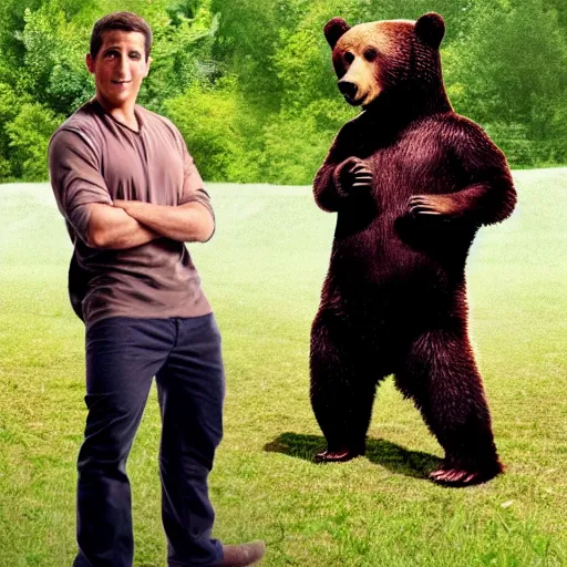 Prompt: film still of bear grylls dressed as a bear at a bbq grill party