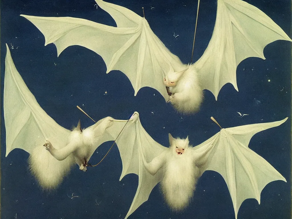 Image similar to beautiful exotic white fluffy bat, long antennae, giant ears. Night, fireflies. Painting by Jan van Eyck, Audubon, Rene Magritte, Agnes Pelton, Max Ernst, Walton Ford