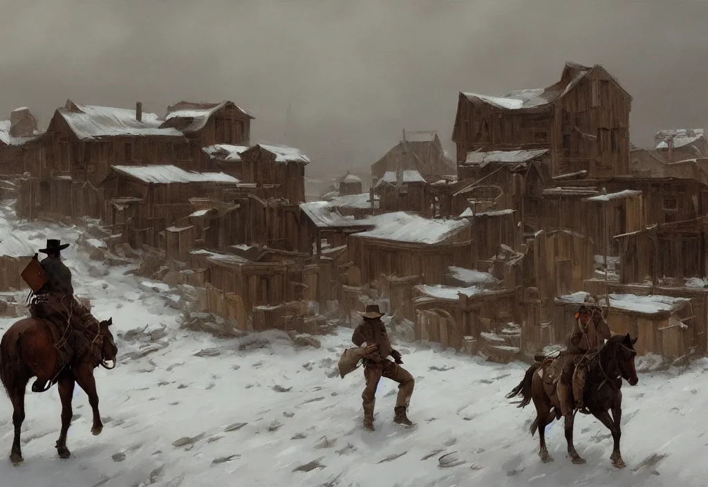 Image similar to greg manchess painting of a wild west abandoned town landscape in winter with no person nor horse in the painting only buildings in the year 1 8 5 0, nobody living there, snow storm, grey sky, painting, trending on artstation, by huang guangjian and gil elvgren and sachin teng