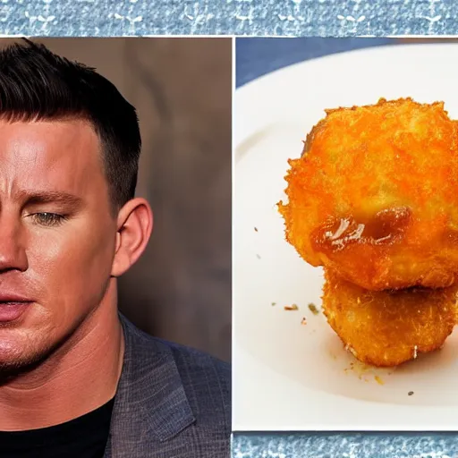 Image similar to food photo of channing tatum's face on top of giant tater tot on a plate with ketchup