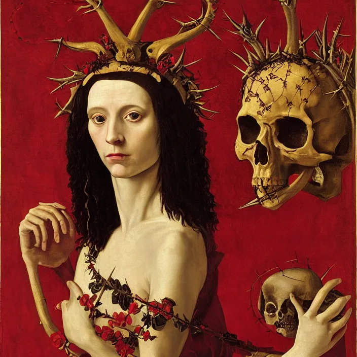 Image similar to portrait of a woman with a golden skull instead of a head, a wreath of thorns, a dress of bones and roses, horns, snakes, smoke, flames, full-length, oil painting in a renaissance style , very detailed, red background, painted by Caravaggio.