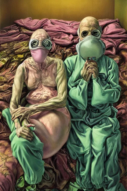 Prompt: two frail, skinny old people draped in fleshy green and pink, wearing gas masks connected to their hearts, inside an dystopian, abandoned hospital room, ayami kojima, greg hildebrandt, mark ryden, hauntingly surreal, eerie vibrating color palette of charlie immer, highly detailed painting by, francis bacon, soft light 4 k