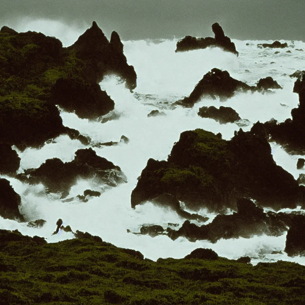 Image similar to dark and moody 1 9 7 0's artistic technicolor spaghetti western film, a large huge group of women in a giant billowing wide long flowing waving white dresses, standing inside a green mossy irish rocky scenic landscape, crashing waves and sea foam, volumetric lighting, backlit, moody, atmospheric, fog, extremely windy, soft focus